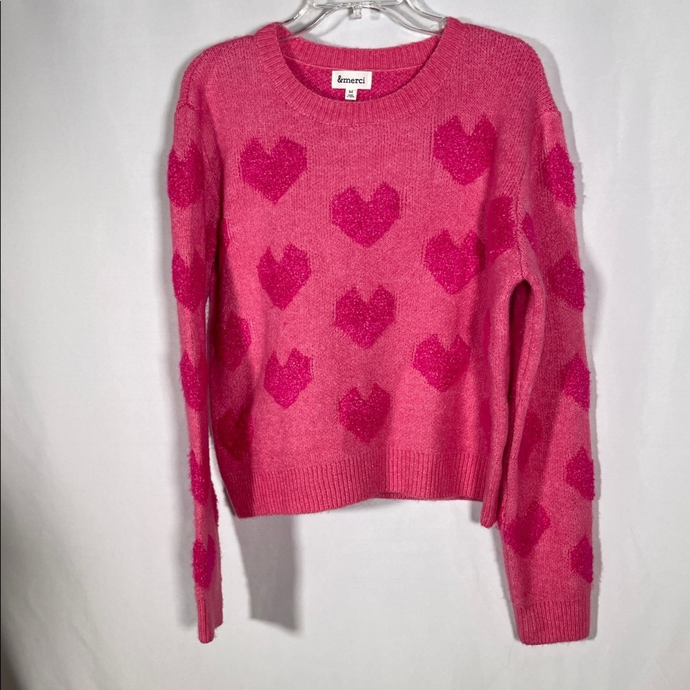 &MERCI WOMENS HEART VALENTINES PINK SWEATER MEDIUM